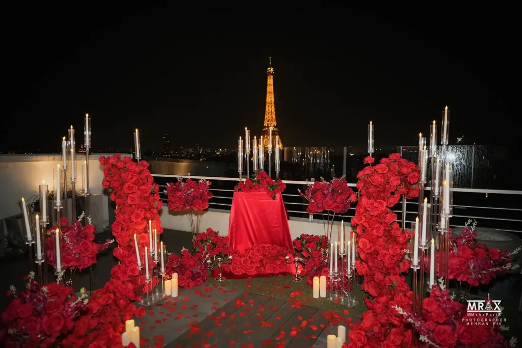 Romantic rooftop proposal Paris sunset Eiffel Tower