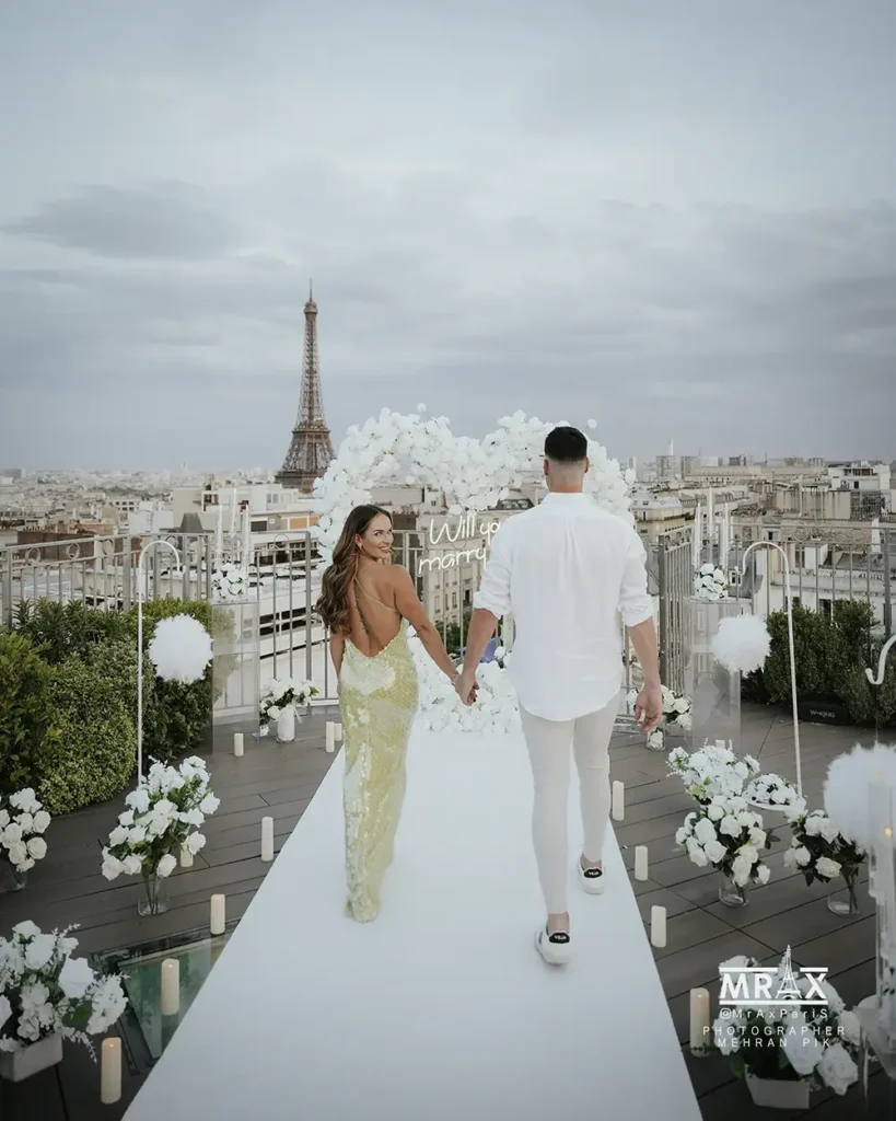 Romantic Paris proposal with candles and Eiffel Tower view