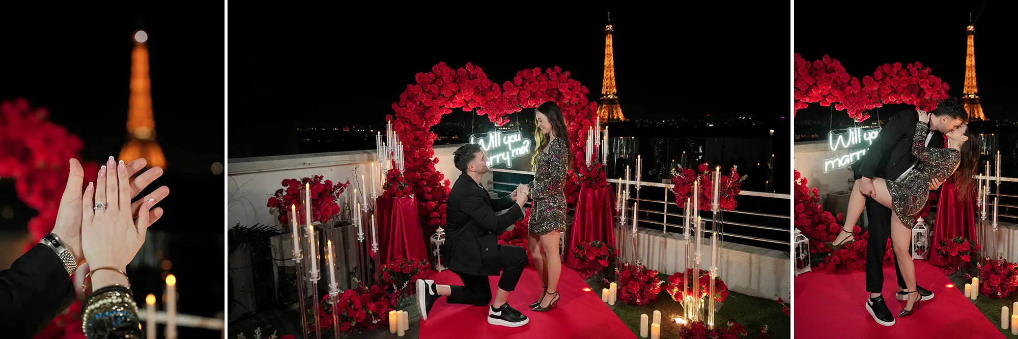 Luxury Paris proposal on private terrace with Eiffel Tower view